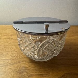 Vintage Soda Fountain Crystal Fruit Toppings Bowl, Flip Top Lid Sugar Bowl